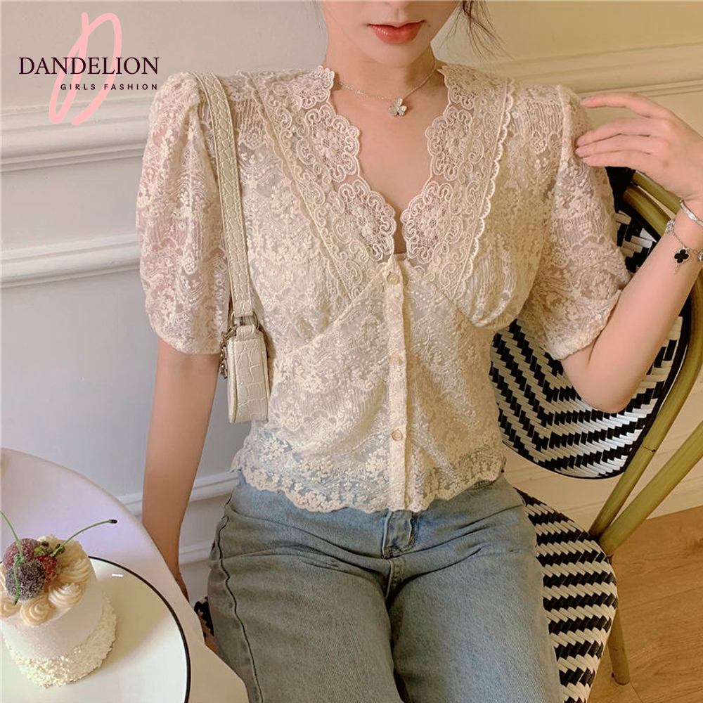 Blusa De Encaje Liso Cuello V Estilo Coreano – Dandelion